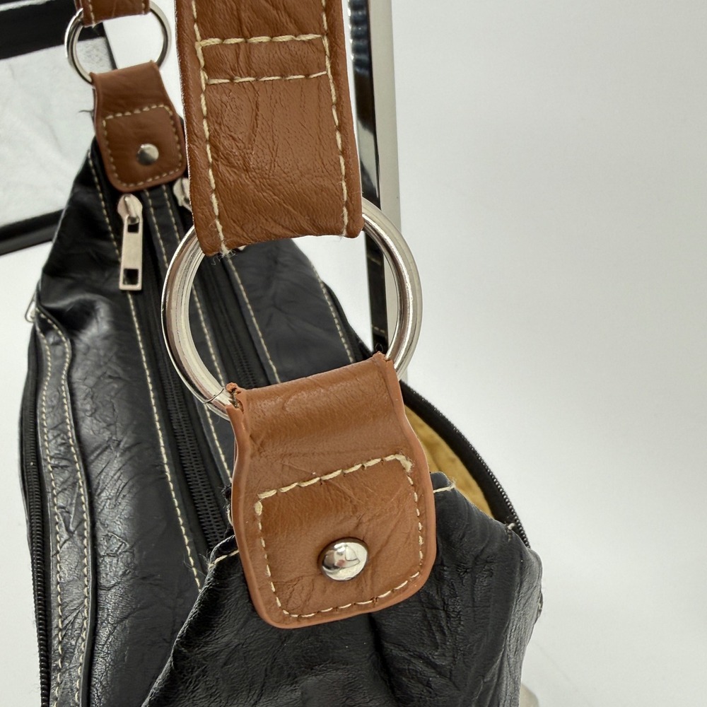 Stone & Co. Leather Crossbody Hobo Bag Black Tan Purse Zip Pocket Travel Neutral - Picture 3 of 15